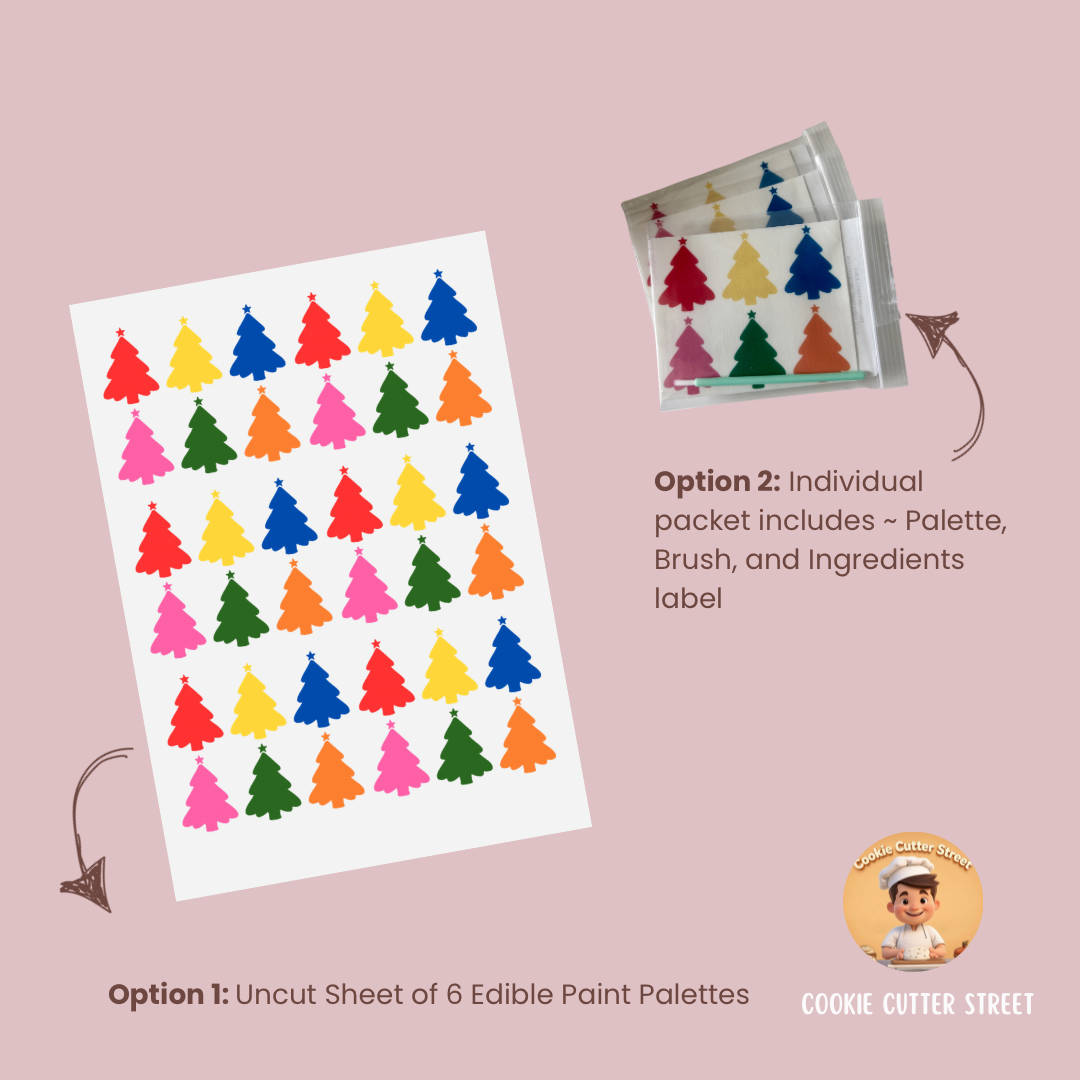 Colorful tree-shaped edible paint palettes on a white sheet with 'Cookie Cutter Street' branding.