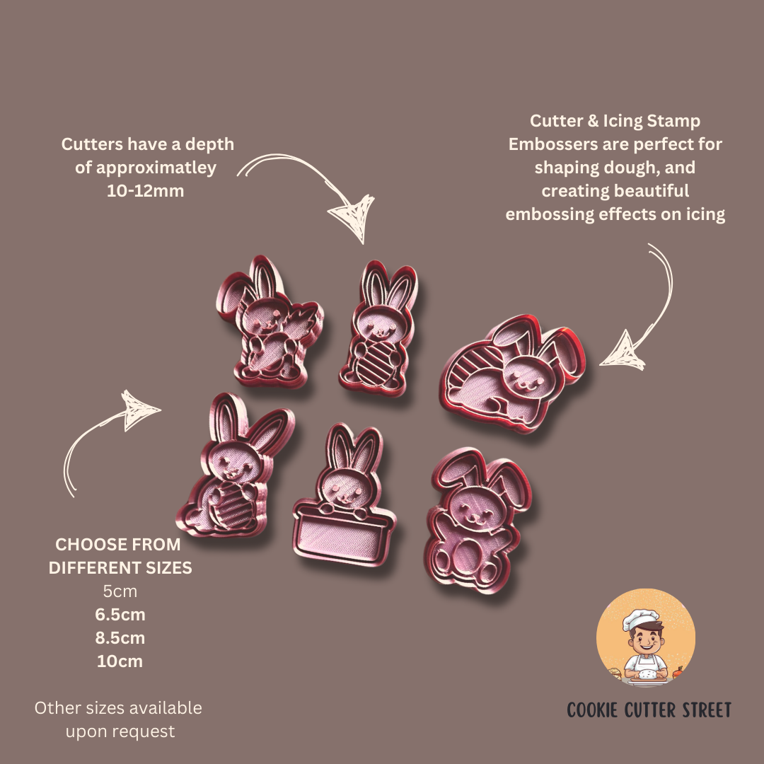 Cutie Bunny Cutters & Icing Embossers For Cookies & Cupcake Toppers