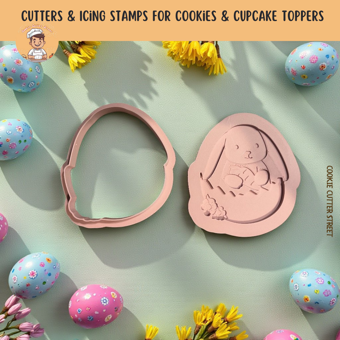 Jellycat Cookie cutters with Easter-themed designs on a light green background with decorative eggs and flowers.