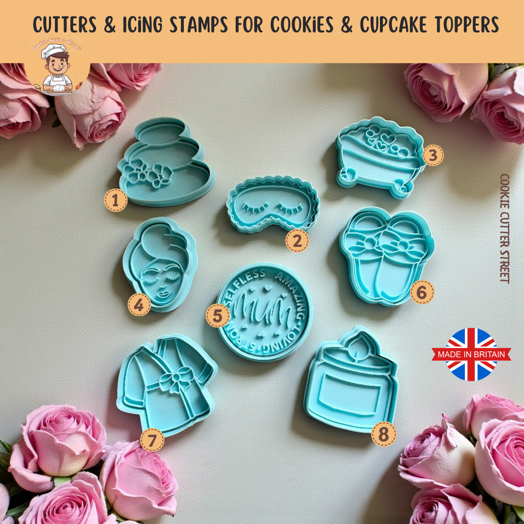 Set of Mothers Day Spa pamper blue cookie cutters and icing stamps with floral decorations on a light background.