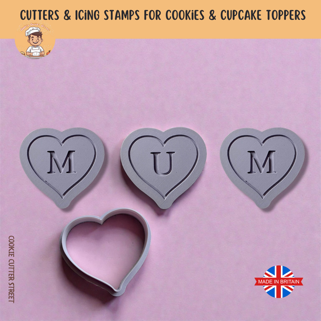 Set of “MUM” Heart Letters Icing Stamps For Cookies & Cupcake Toppers
