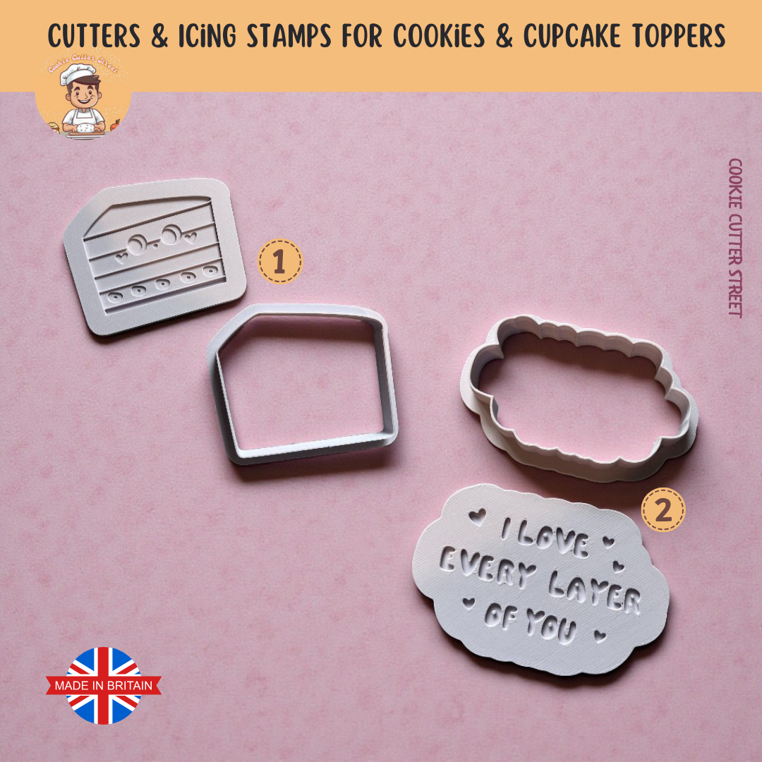 Valentines I Love Every Layer of You Slice of Cake Icing Stamp & Cutter For Cookies & Cupcake Toppers
