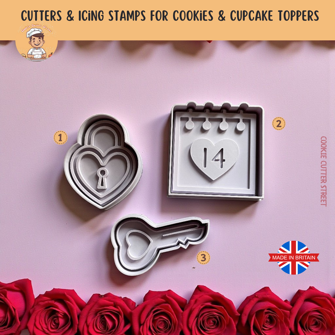 Valentines Calendar Feb 14 Cutters & Icing Embossers For Cookies & Cupcake Toppers