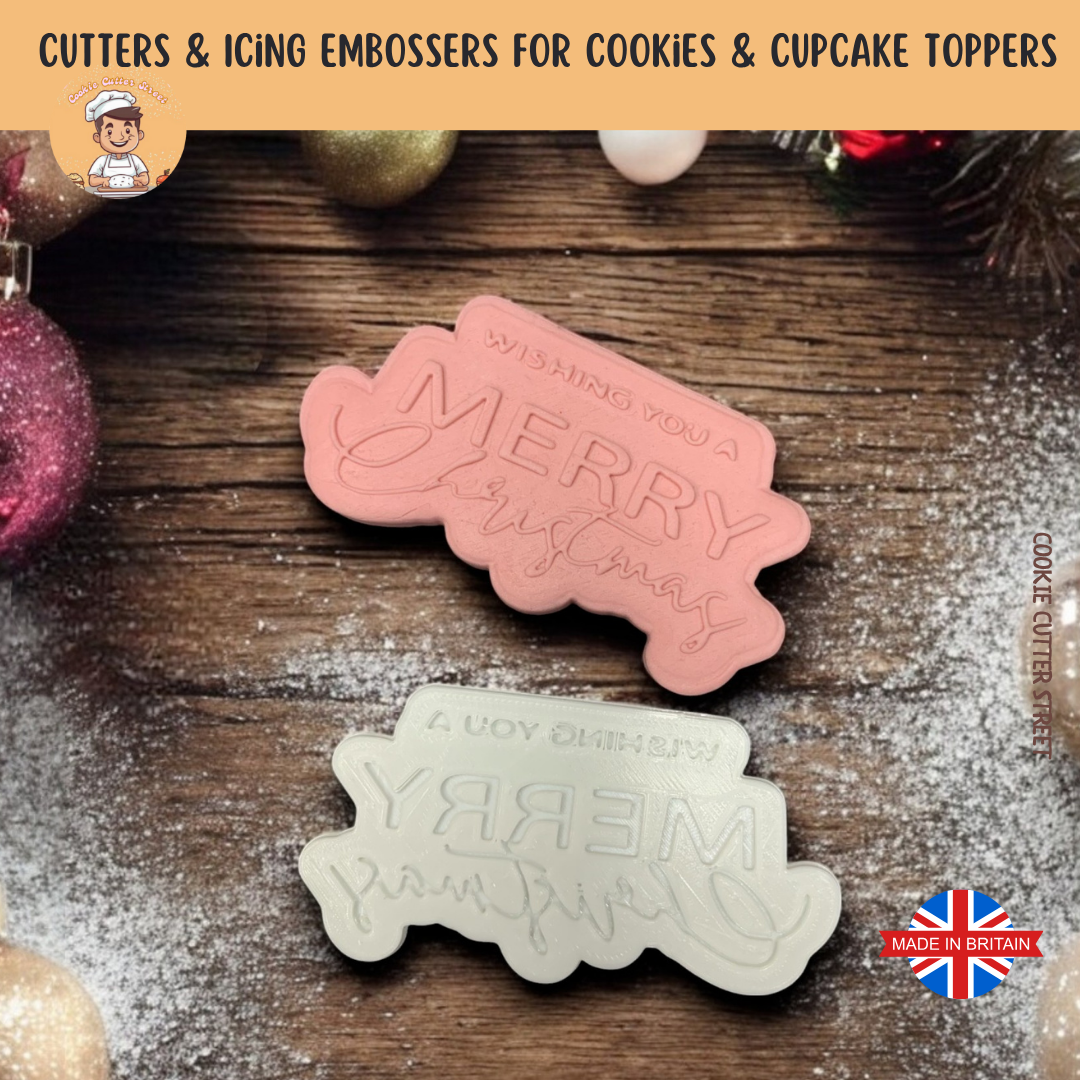 Whimsical Wishing You A Merry Christmas Message Cutter & Icing Embosser For Cookies & Cupcake Toppers