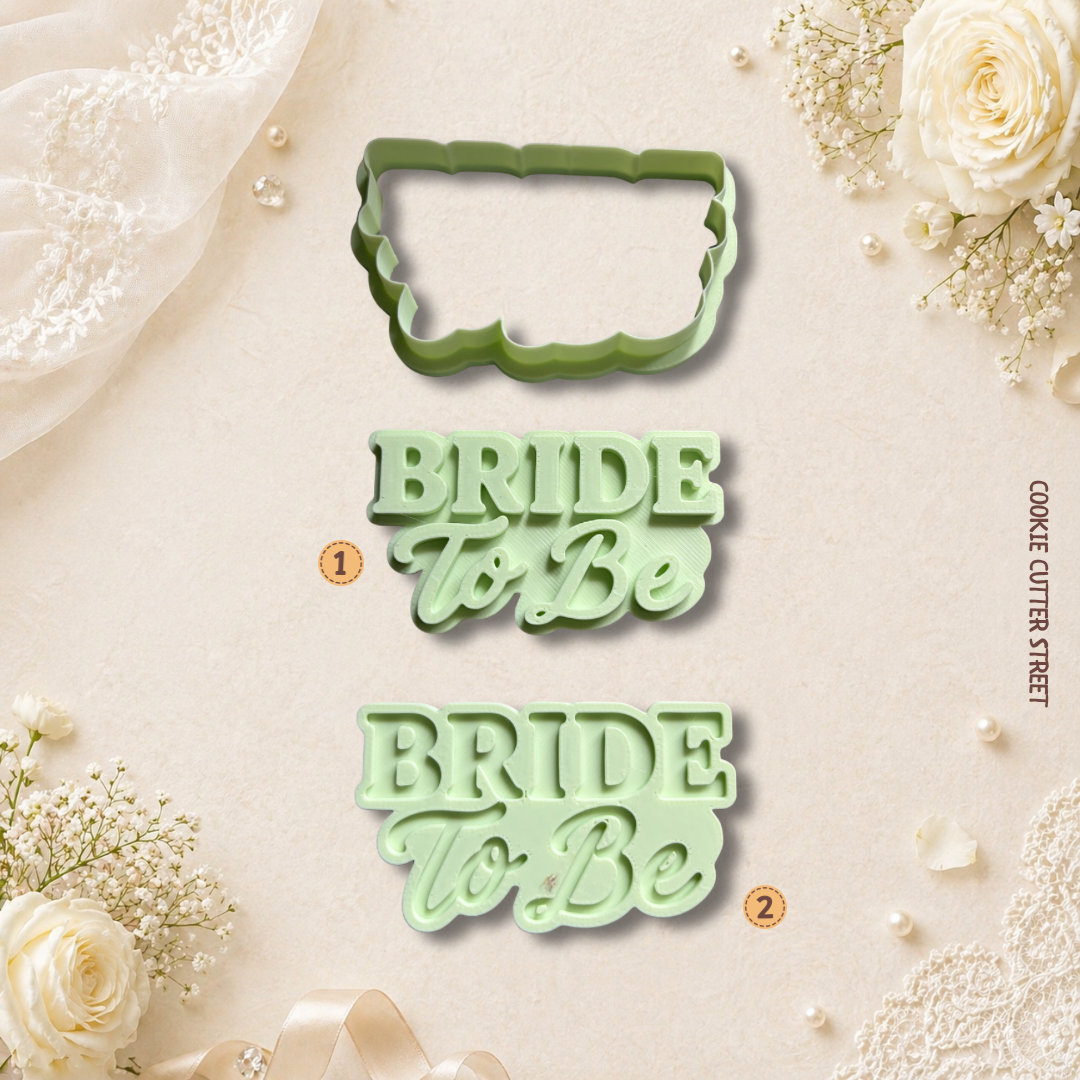 Green 'BRIDE TO BE' cookie cutters on a decorative background with flowers and ribbons.