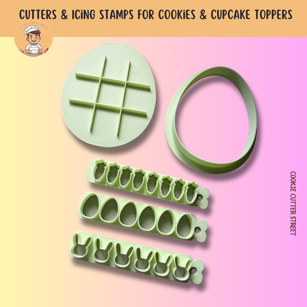 Set of noughts and crosses easter cookie cutters and icing stamps on a pink and yellow gradient background.