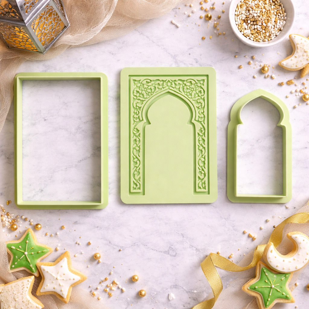Green Ramadan Eid cookie cutter set featuring a rectangular cutter, decorative arch embosser, and inner arch cutter on a styled festive background.