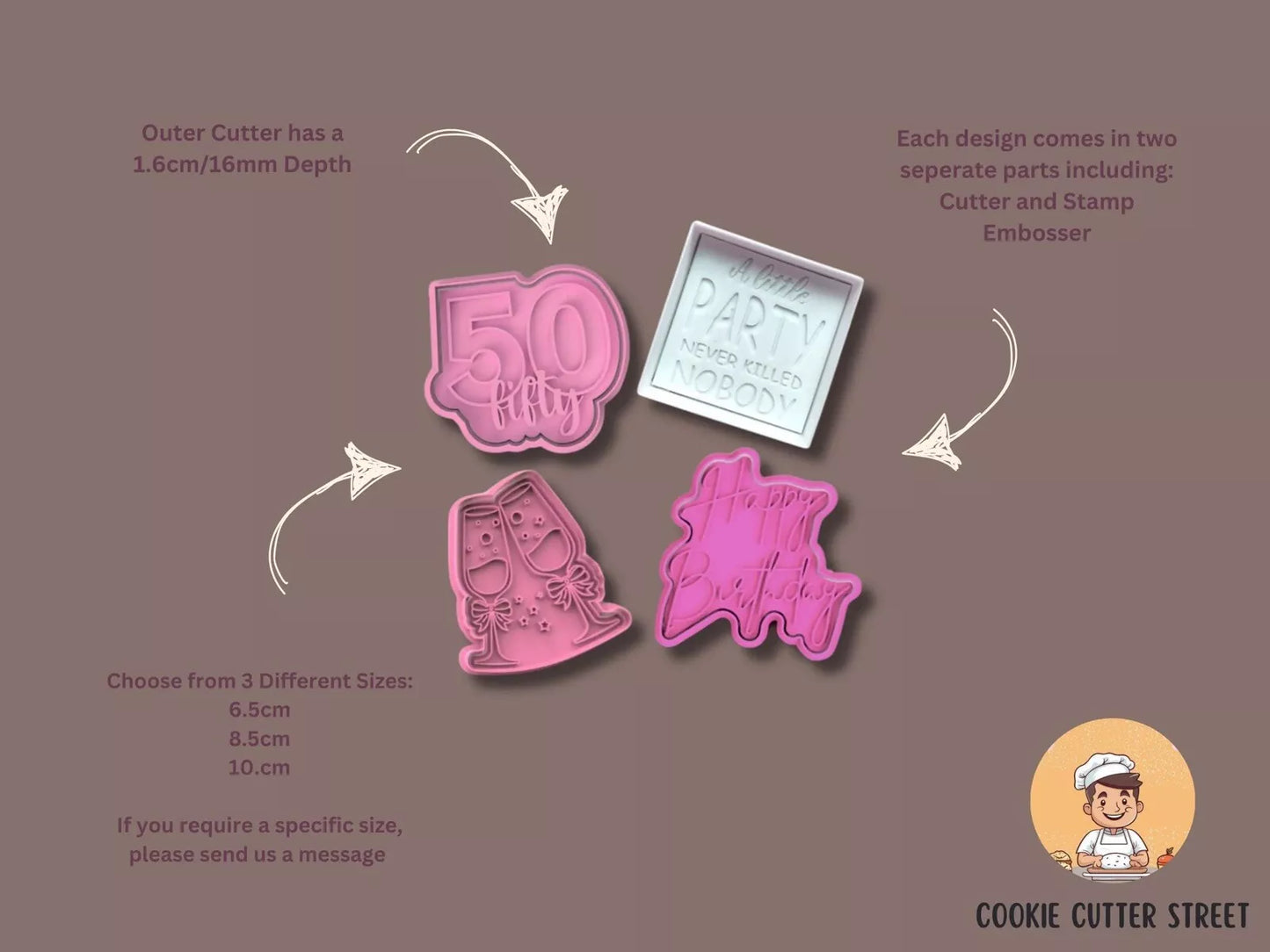 50th Birthday Milsetone Themed Cutters & Icing Embossers For Cookies & Cupcake Toppers