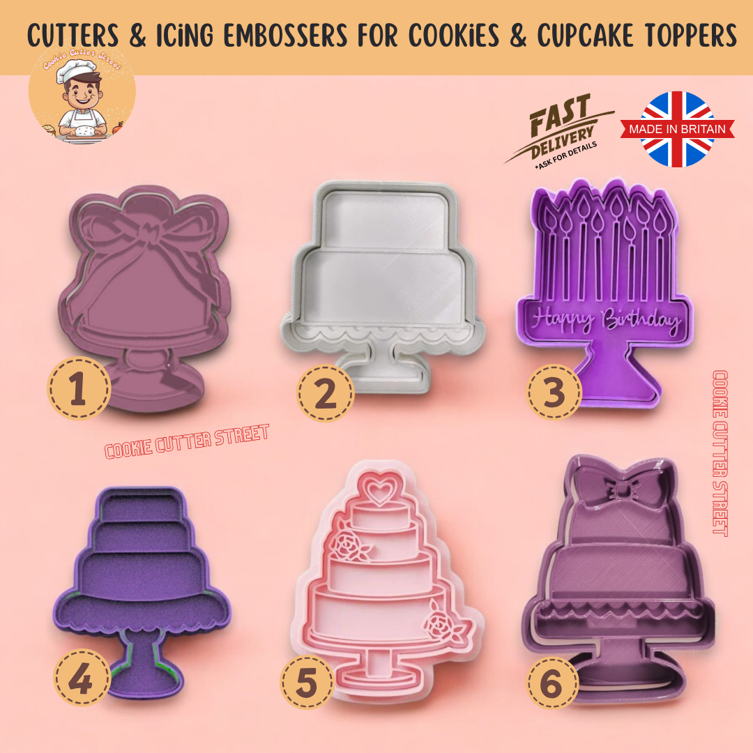 Set of Tiered Cake Cookie Cutters featuring 6 unique designs, including a classic wedding cake, floral cake, minimalist cake, birthday cake with candles, dripping icing cake, and celebration cake with bow. Perfect for weddings, birthdays, and anniversaries