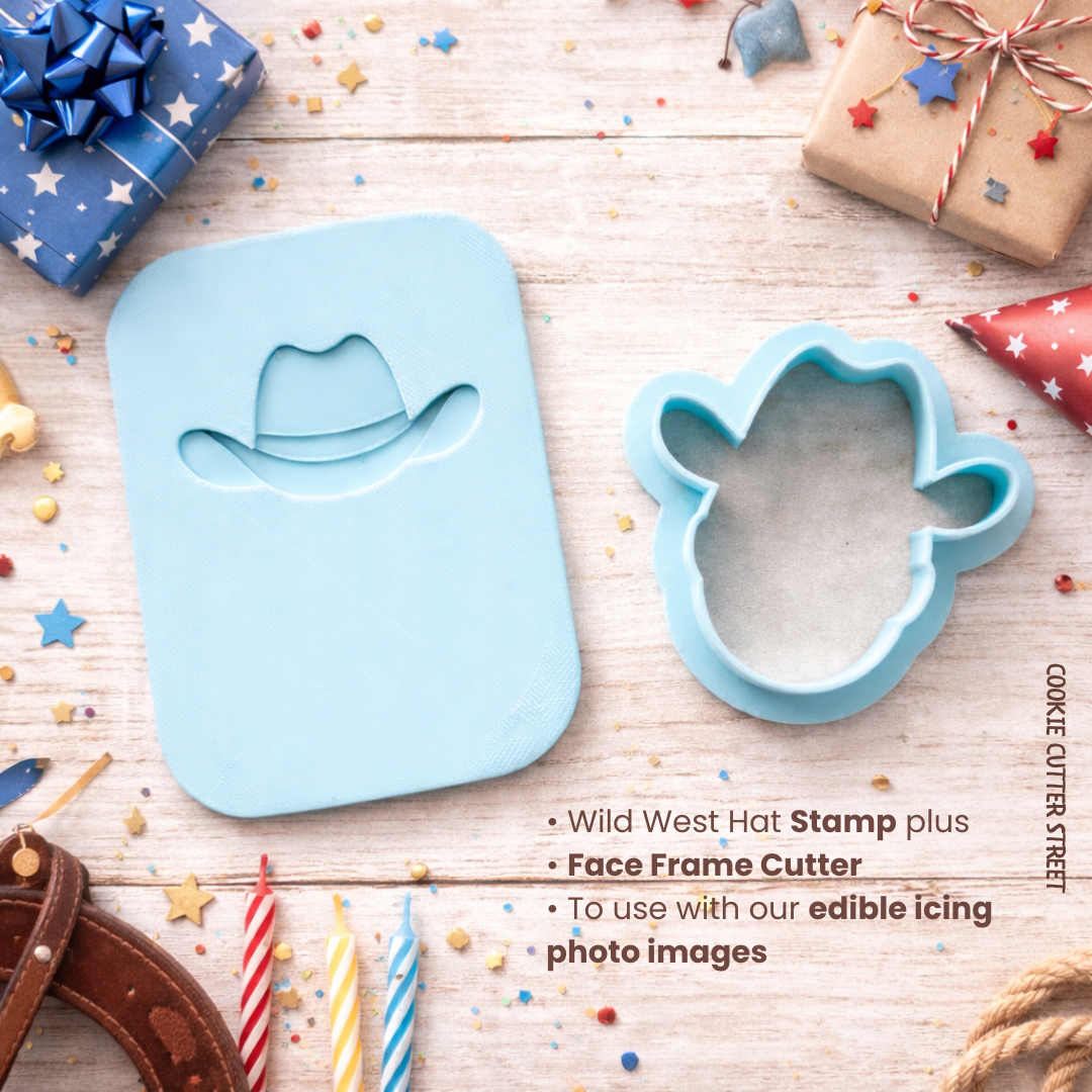 Wild West cowboy hat cookie cutter with face opening and matching icing stamp, designed for use with edible photo images for personalised cookies.