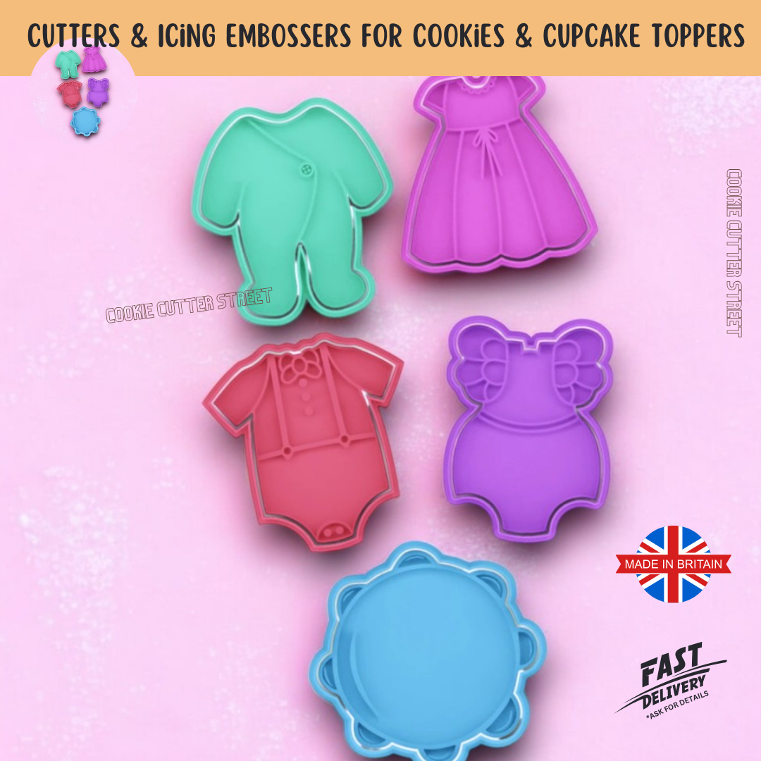 Set of five multicolored baby-themed cookie cutters and icing embossers, featuring designs of baby clothes, displayed on a pink background with a 'Made in Britain' flag.