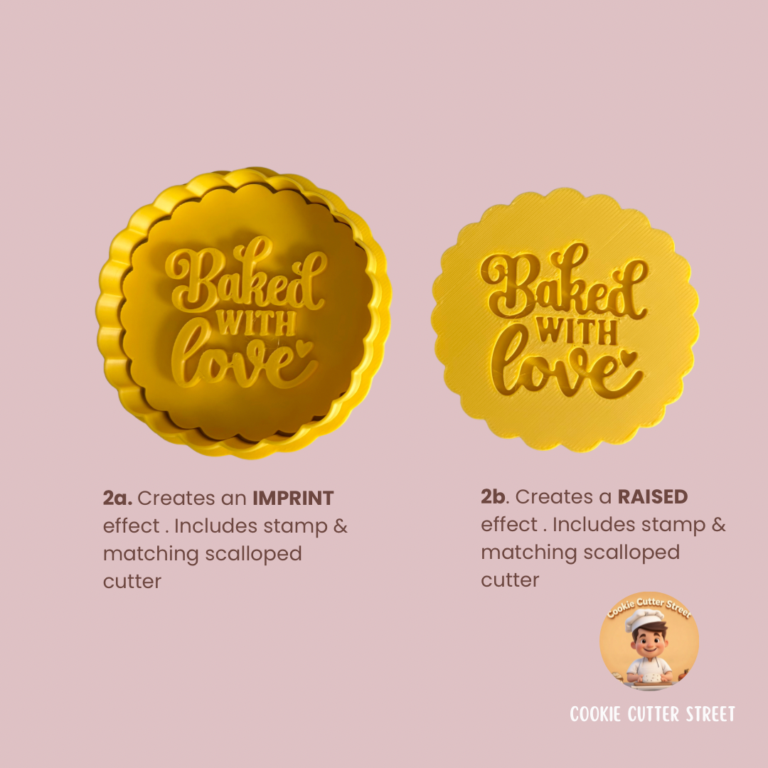 A pink product information graphic showing two gold cookie cutter stamp designs with text labels: 2a says it creates an IMPRINT effect and includes a stamp and matching scalloped cutter; 2b says it creates a RAISED effect and includes a stamp and matching scalloped cutter. A small Cookie Cutter Street logo appears at bottom right.