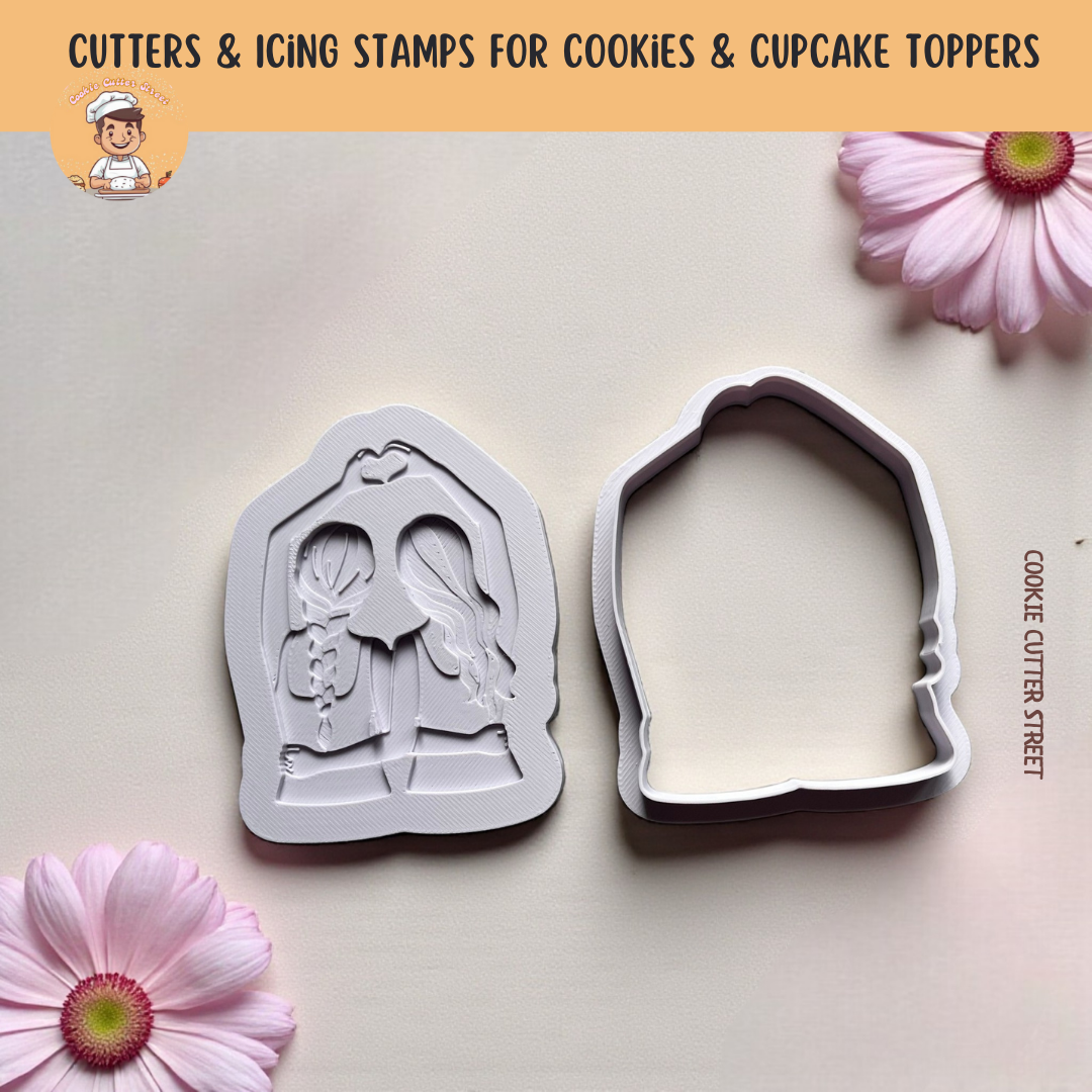 A heart hands Galentine best friends cookie cutter and icing stamp set designed for friendship and love-themed cookies. 