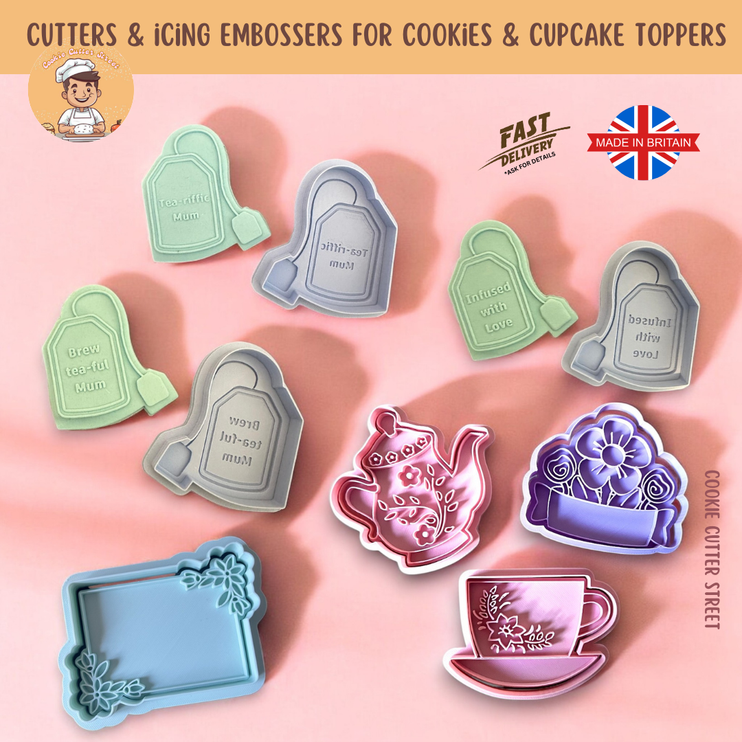 A charming tea-themed cookie cutter and embosser set featuring teabags with sweet messages, a floral teapot, a teacup, a floral plaque, and an elegant frame—perfect for Mother’s Day and tea parties.