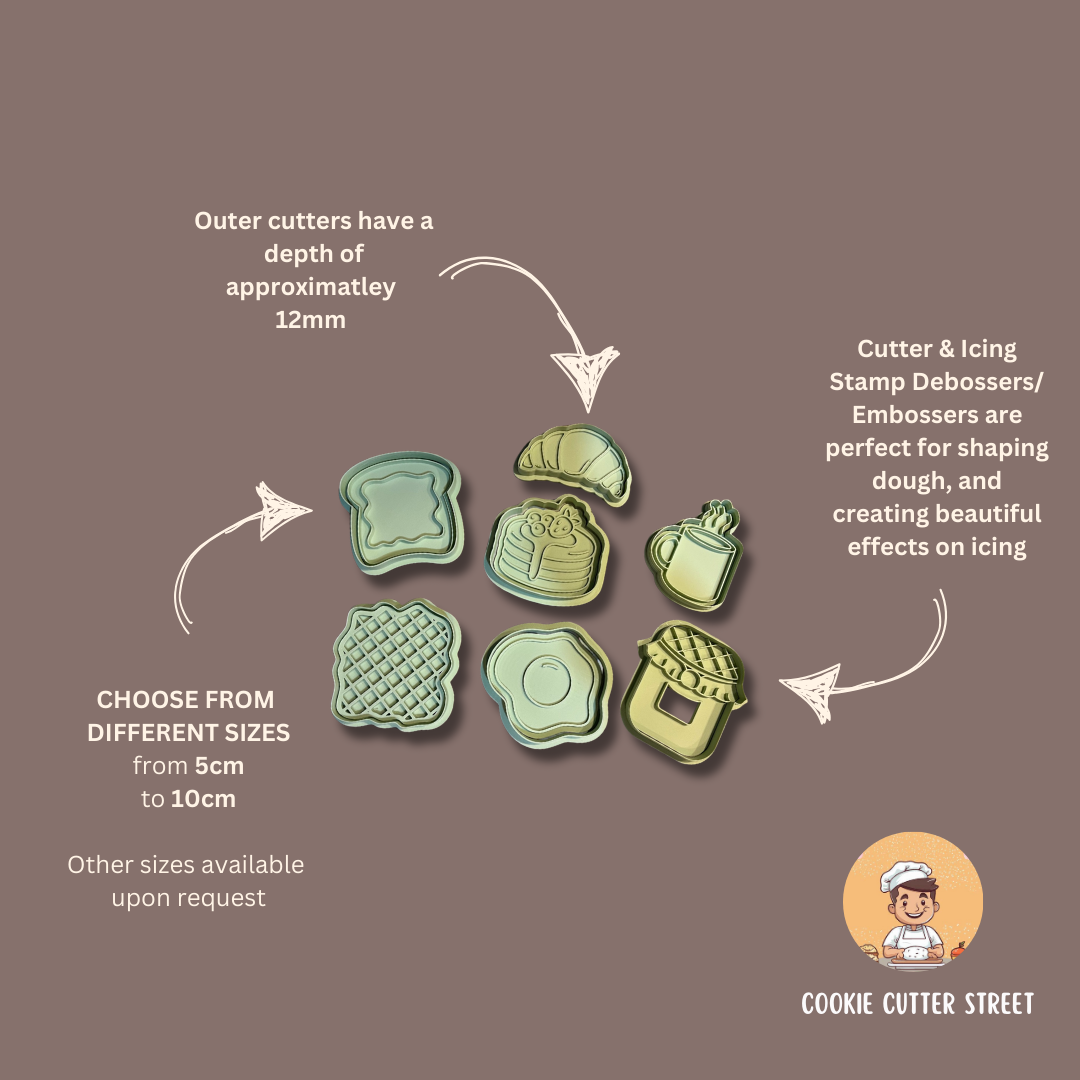 A set of brunch-themed cookie cutters and icing stamps including toast, croissant, pancakes, coffee mug, waffle, egg plate and jam jar — perfect for fondant, cookies, and cupcake toppers.