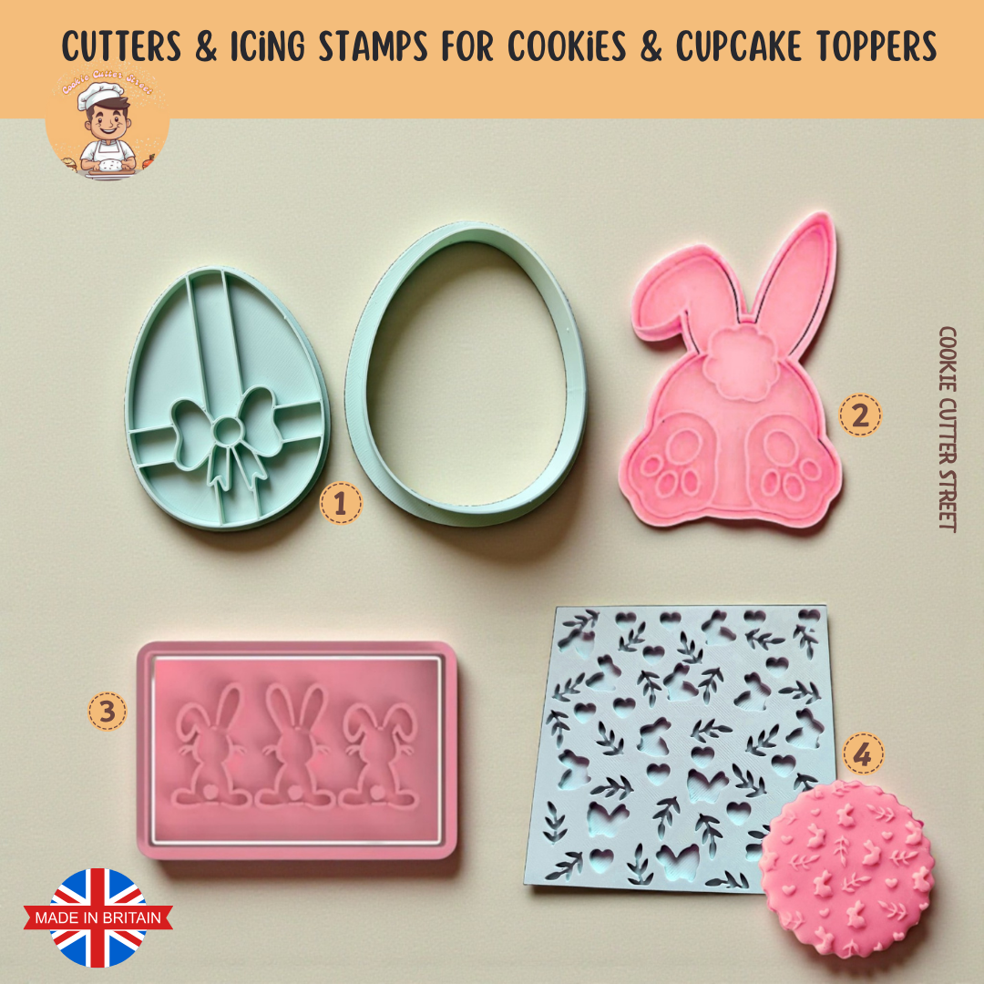 Set of Easter cookie cutters and icing stamps with bunny designs on a beige background.