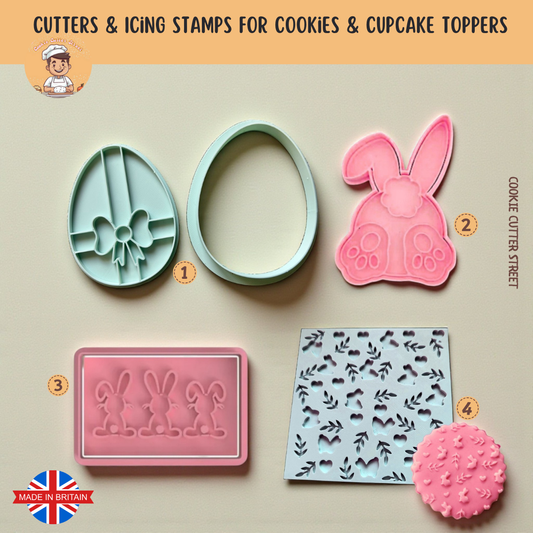 Set of Easter cookie cutters and icing stamps with bunny designs on a beige background.