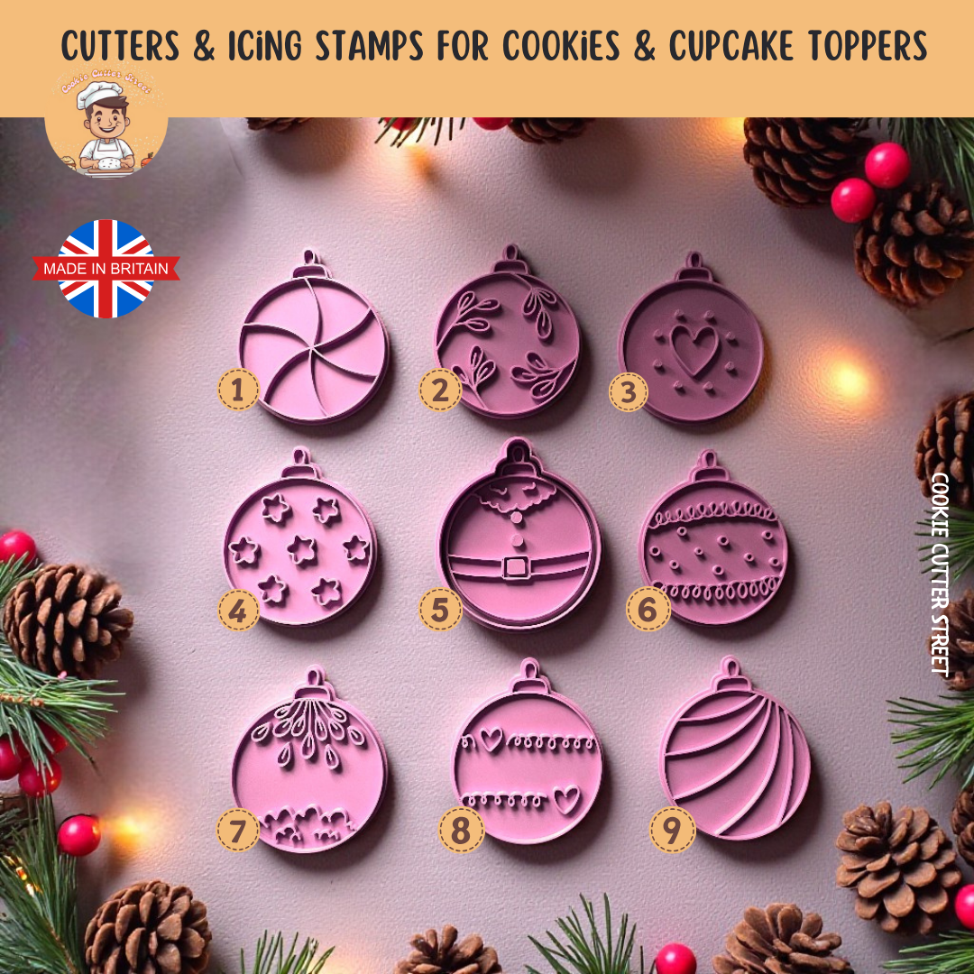 Christmas Bauble Cookie & Cupcake Topper Embossing Stamps [9 Festive Designs | Mix & Match or Buy the Full Set]