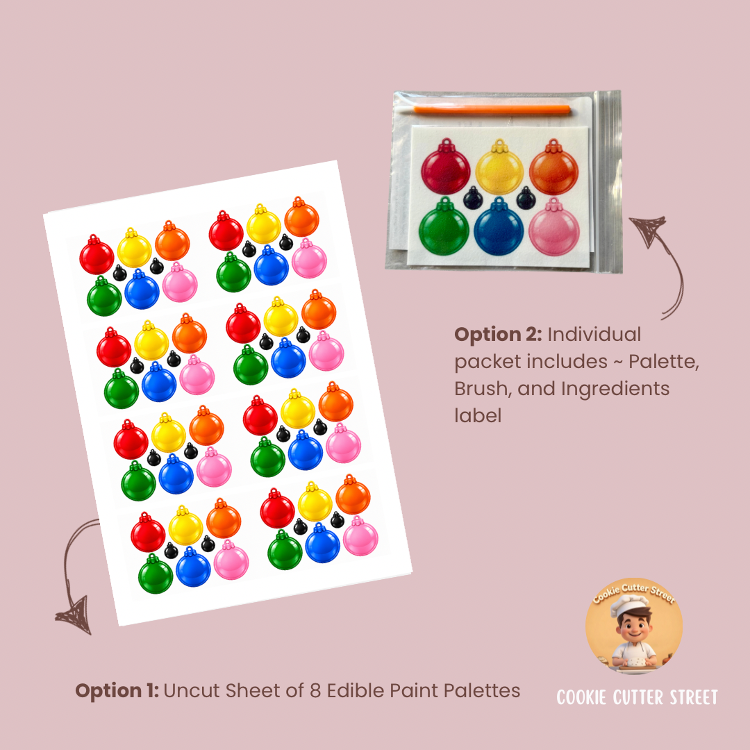 A product listing graphic for colorful edible paint palettes. The left side shows an uncut sheet of 8 small round paint palettes in bright colors, and the top-right inset shows a packaged set with a palette, brush, and label.