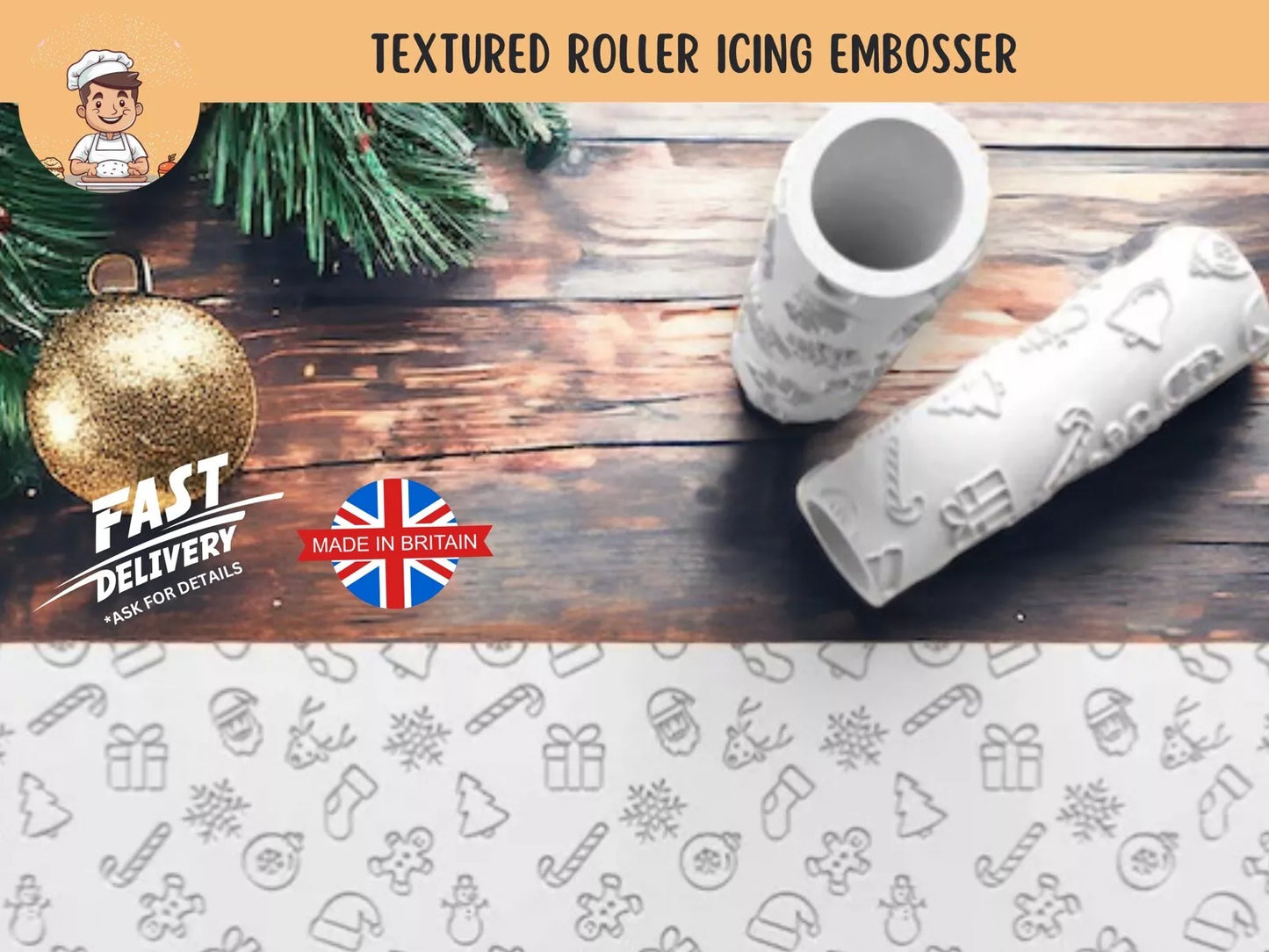 A textured roller icing embosser with Christmas pattern designs, placed on a wooden surface with festive decorations in the background.