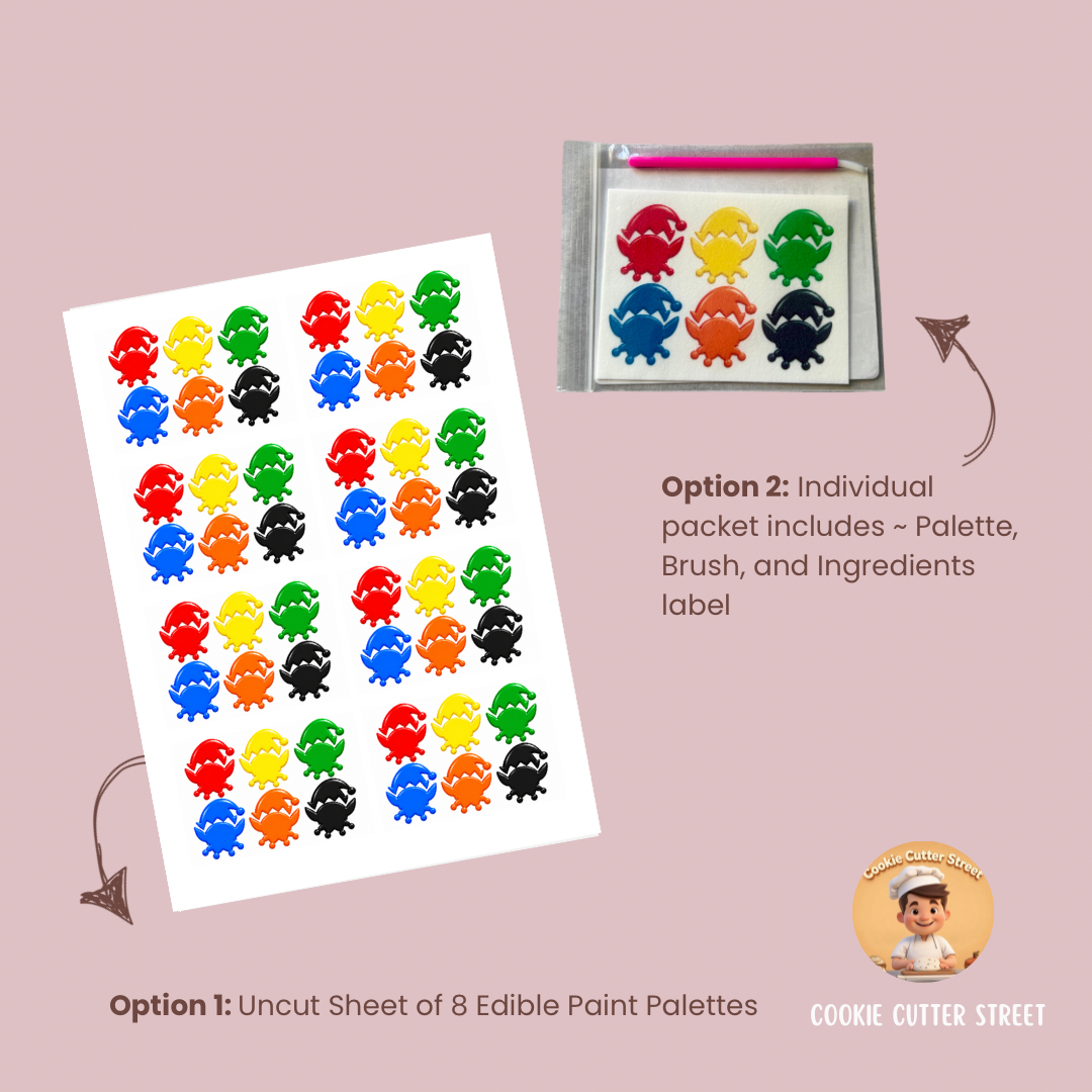 A product listing graphic for edible paint palettes from Cookie Cutter Street. It shows an uncut sheet of 8 colorful round palettes on a white sheet, alongside an inset of a painted palette on a brush.
