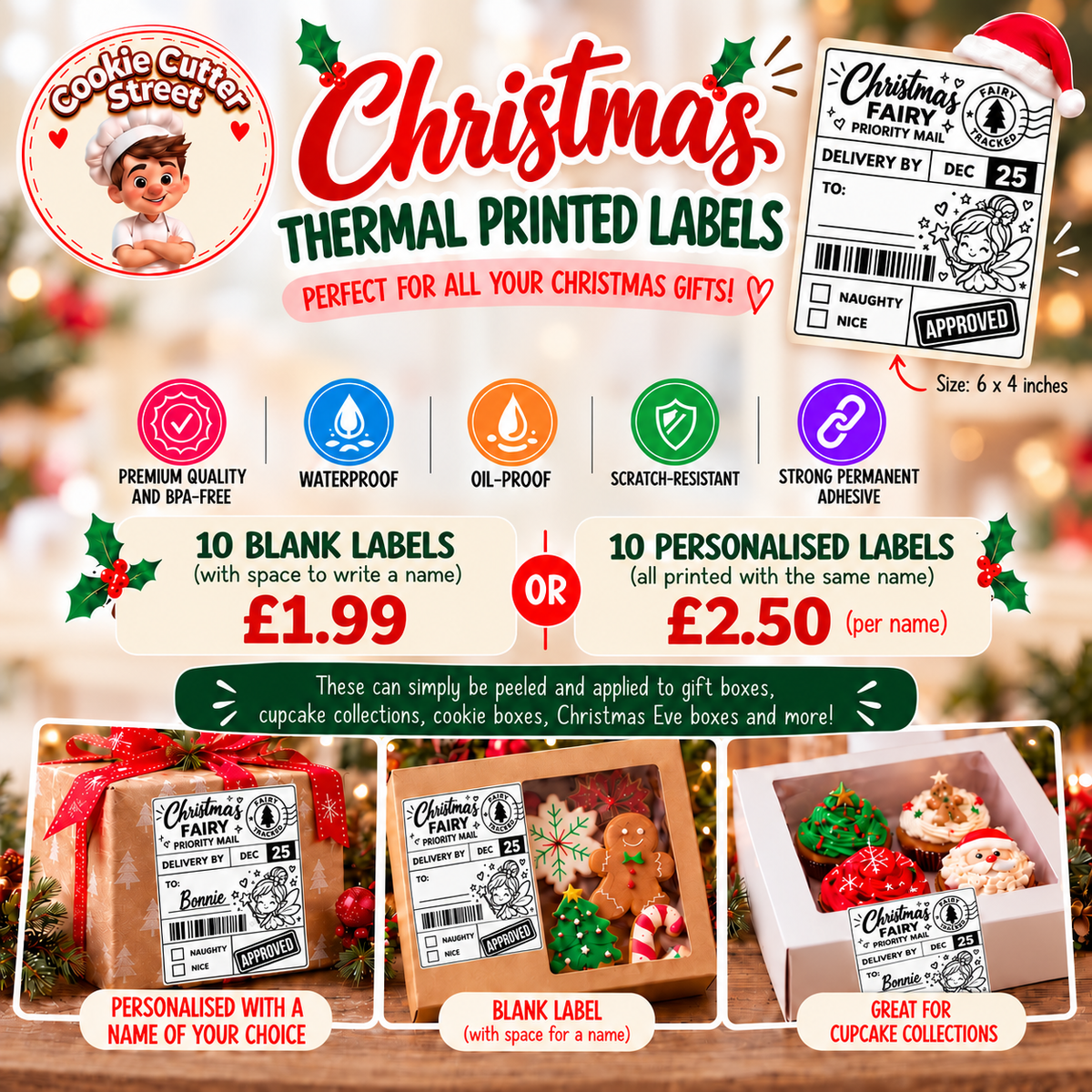 Promotional graphic for Christmas thermal printed labels from Cookie Cutter Street, showing the product name, size details, feature icons, pricing for blank and personalised labels, and three example applications on gift boxes.