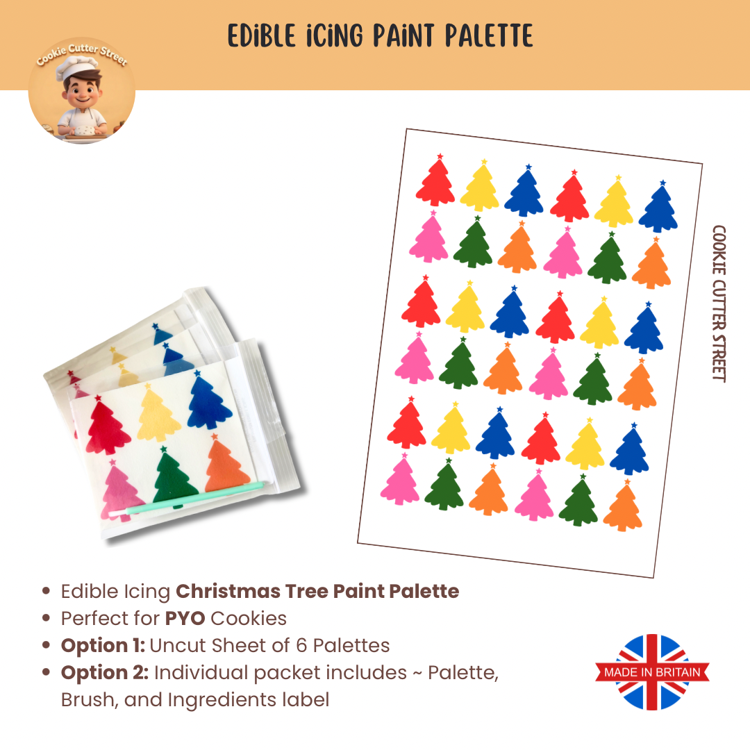 Edible icing paint palette with Christmas tree designs and packaging on a beige background.