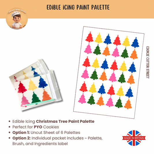 Edible icing paint palette with Christmas tree designs and packaging on a beige background.