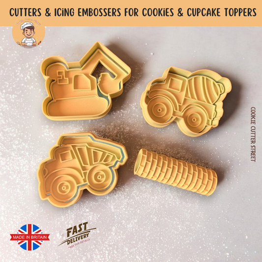 Construction vehicle cookie cutters & embossers set, featuring a digger, dump truck, cement mixer, and a brick pattern rolling pin.