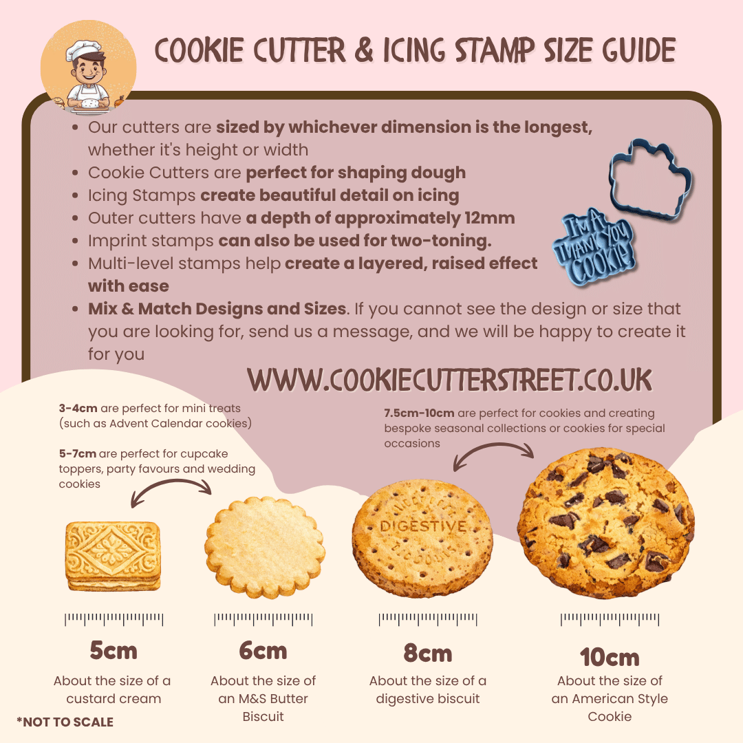Cookie cutter and icing stamp size guide with illustrations and measurements on a pink background