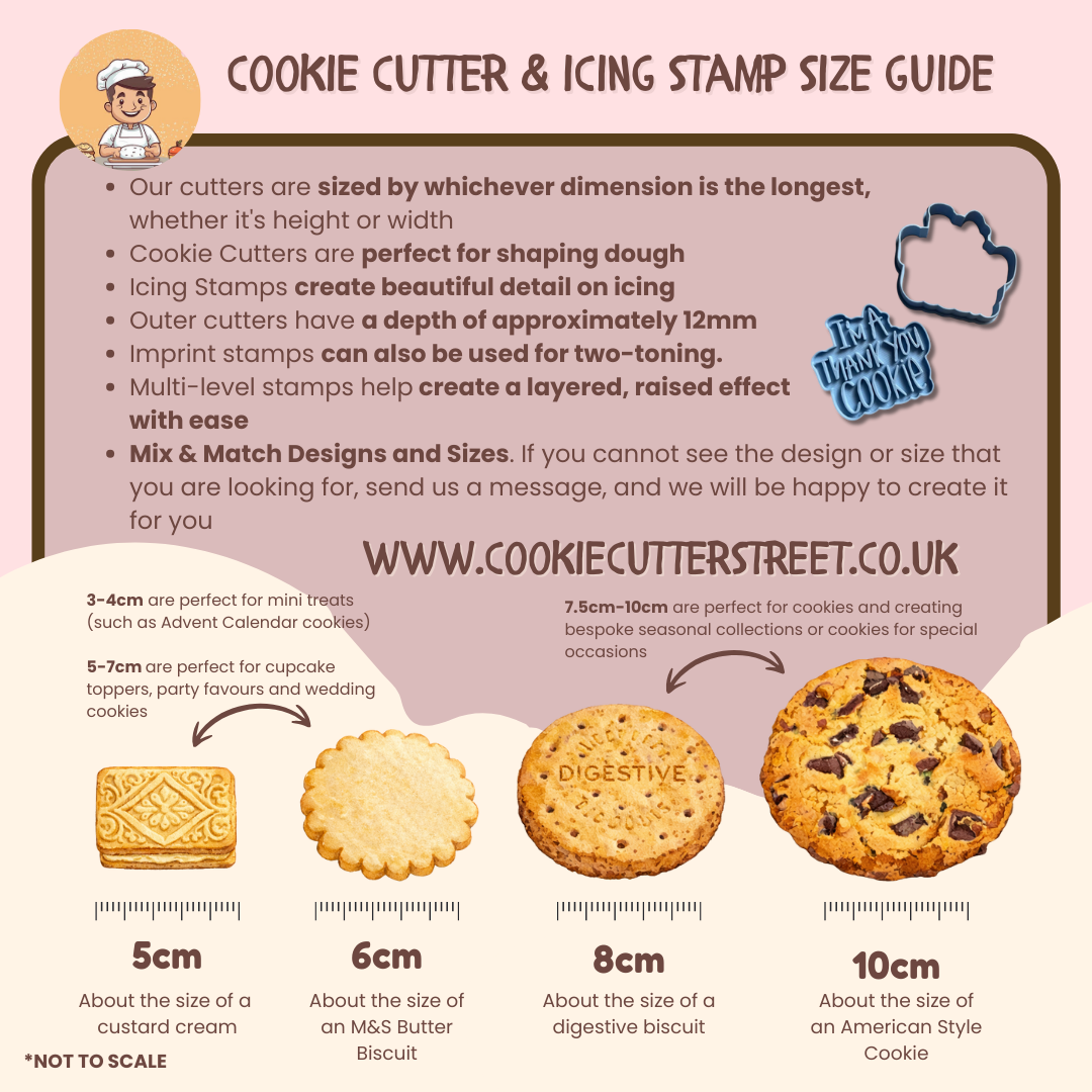 Cookie cutter and icing stamp size guide with illustrations and measurements on a pink background