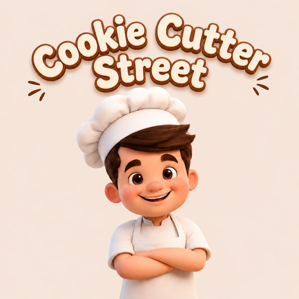 Cartoon character in a chef's outfit with 'Cookie Cutter Street' text above on a beige background