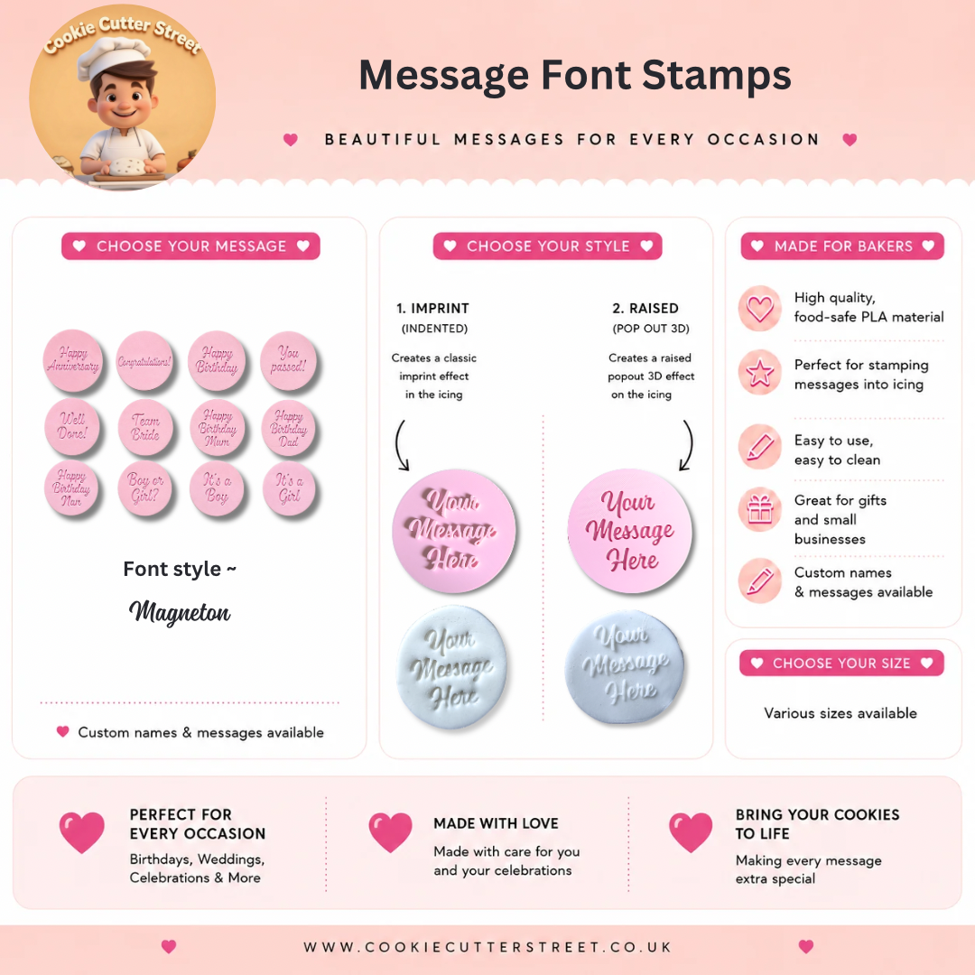 Product display of custom message icing stamps with branding and product details on a pink background.