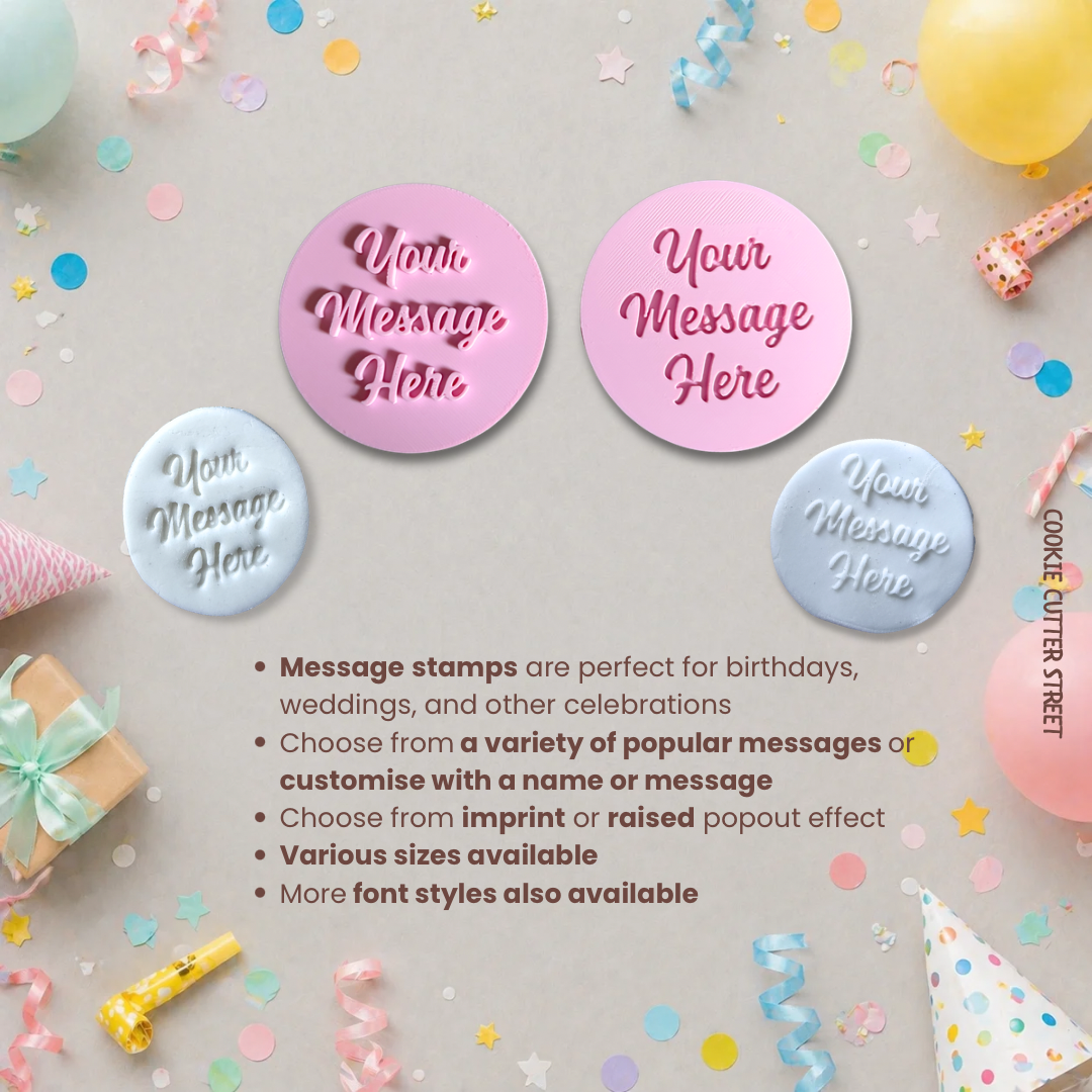 Message stamps with 'Your Message Here' text on a celebratory background with balloons and confetti.