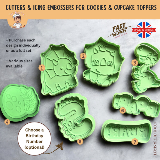 A set of seven light green plastic cutter and iced embellisher molds for cookies and cupcake toppers, displayed on a textured gray background with product details, sizes, and branding.