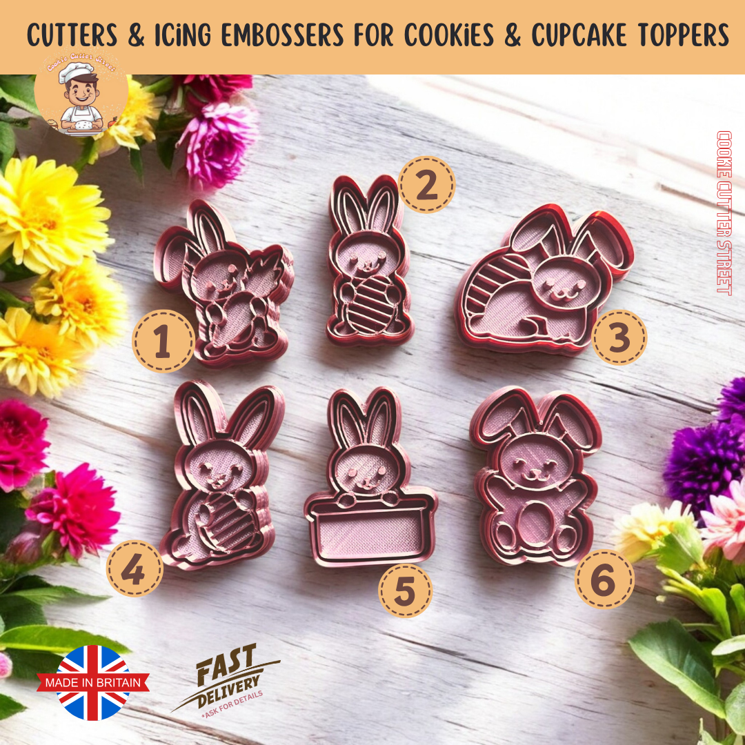A set of six bunny-shaped cookie cutters with embossed details, perfect for Easter cookies, fondant decorations, and cupcake toppers.