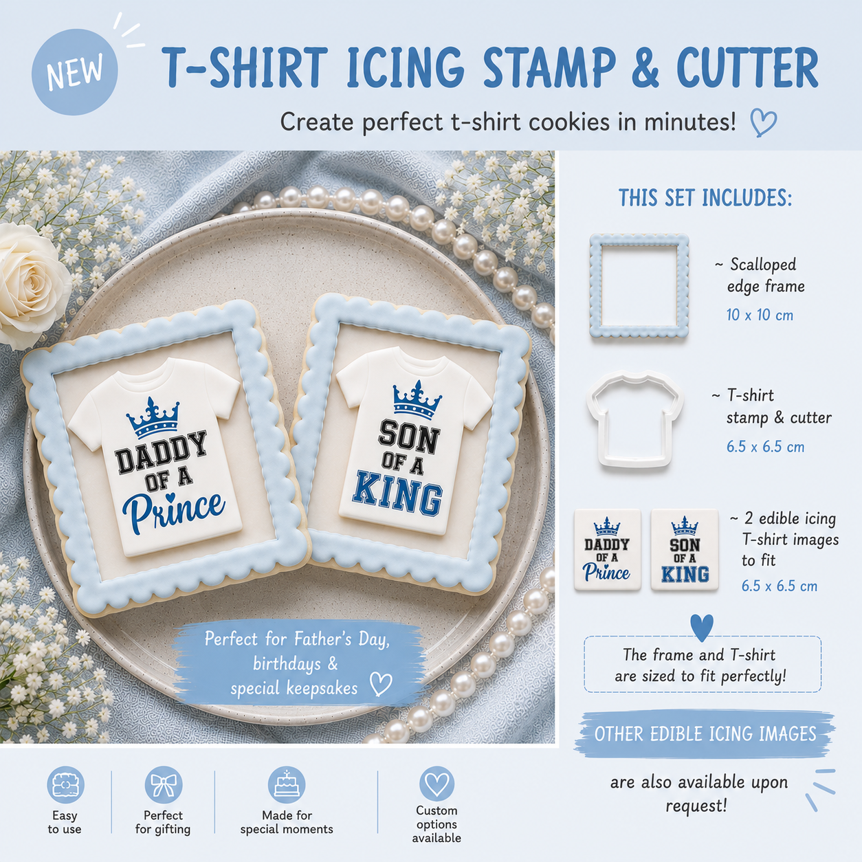 T-shirt icing stamp and cutter set with decorated cookies on a plate, surrounded by flowers and pearls.