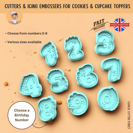 Dinosaur Birthday Age Number Shaped Cutters & Icing Embossers For Cookies & Cupcake Toppers