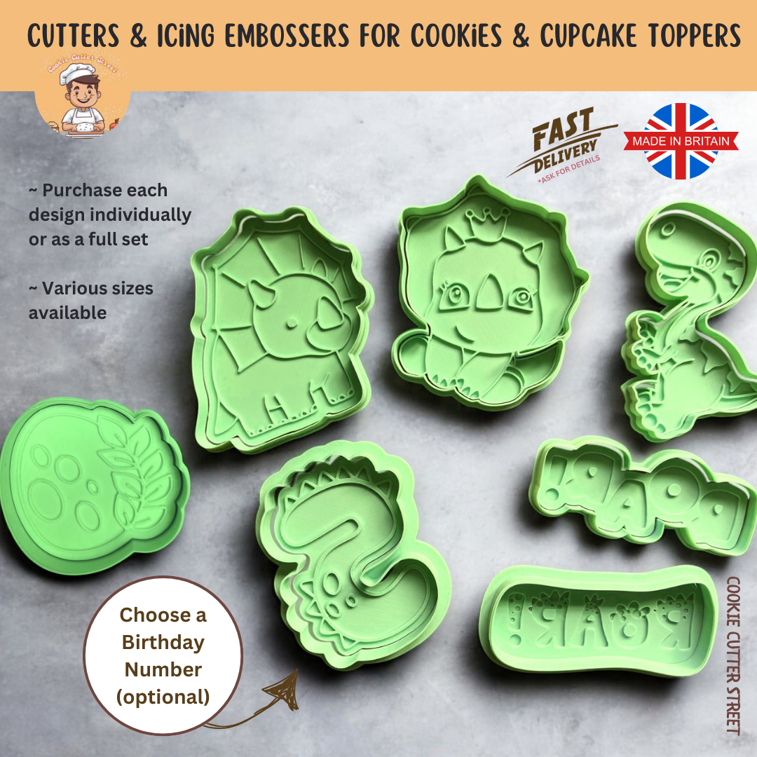 A set of dinosaur-themed cookie cutters and icing embossers, including a triceratops, crowned dinosaur, roaring T-Rex, dinosaur egg, and "ROAR!" text embosser. Perfect for kids' birthday bakes!