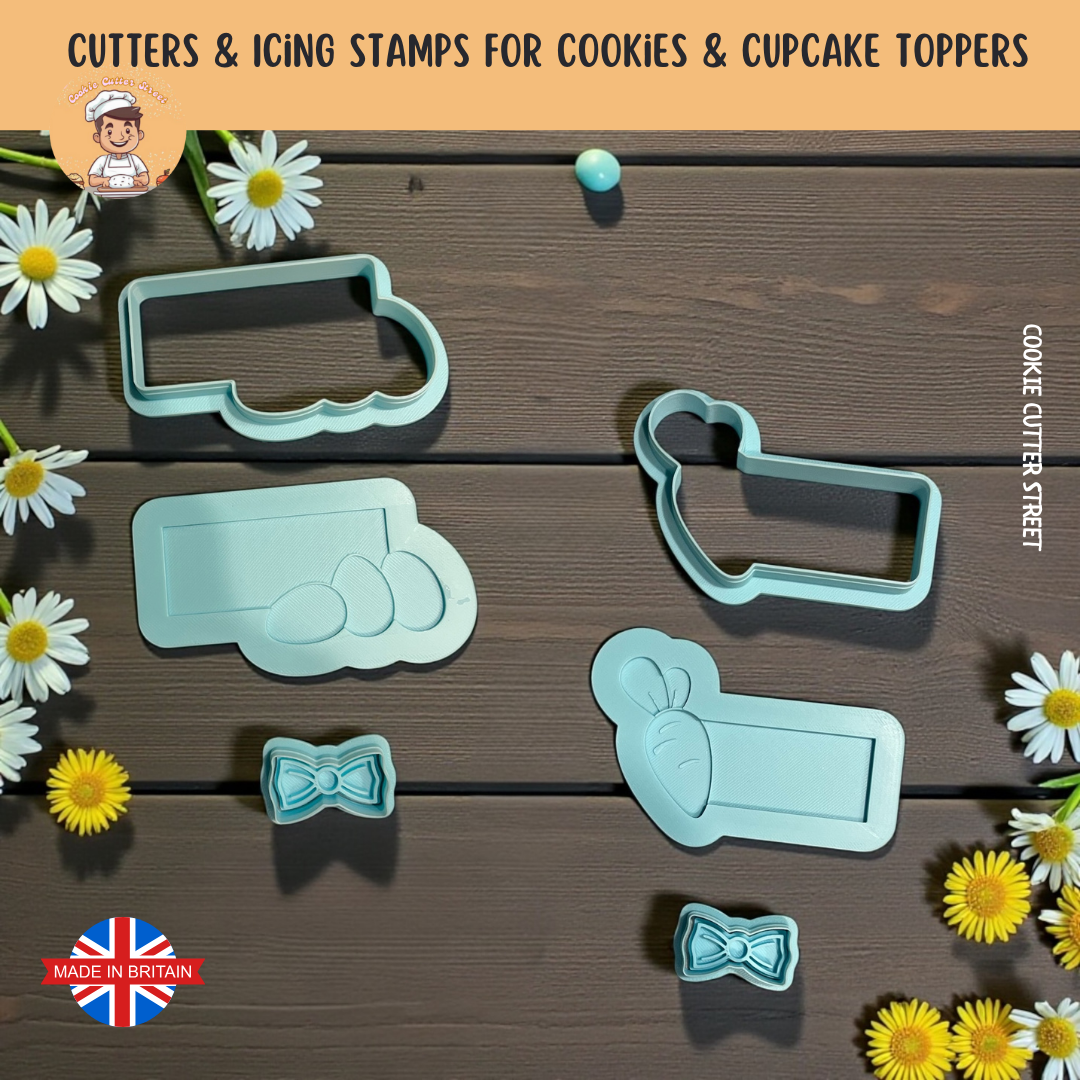 Set of Easter cookie cutters and icing stamps on a wooden surface with flowers around, featuring the brand 'Cookie Cutter Street'.