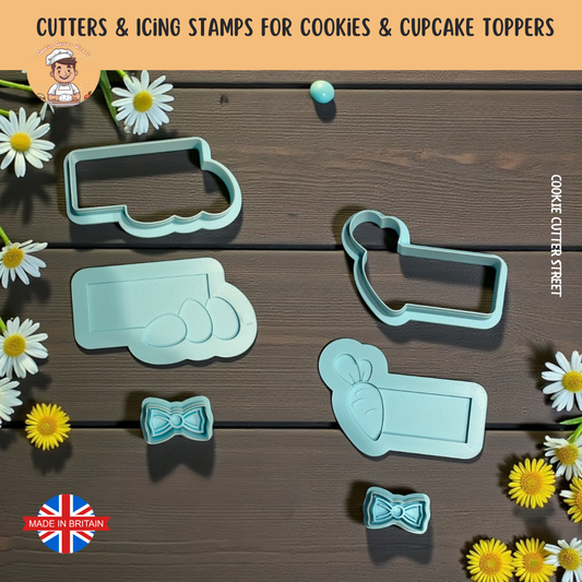 Set of Easter cookie cutters and icing stamps on a wooden surface with flowers around, featuring the brand 'Cookie Cutter Street'.