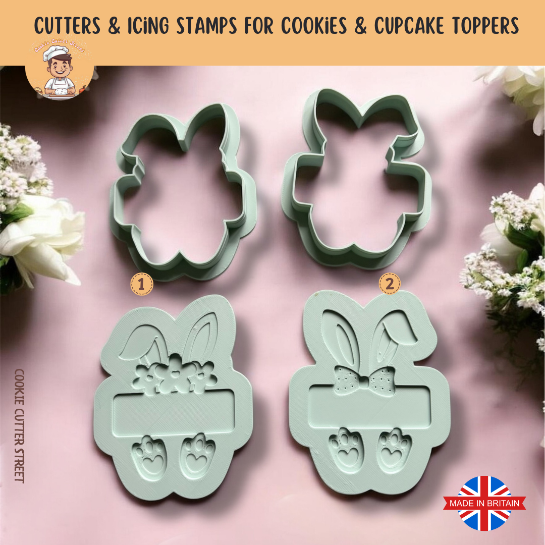 Pair of Easter Bunny cookie cutters with floral designs on a pink background with flowers.
