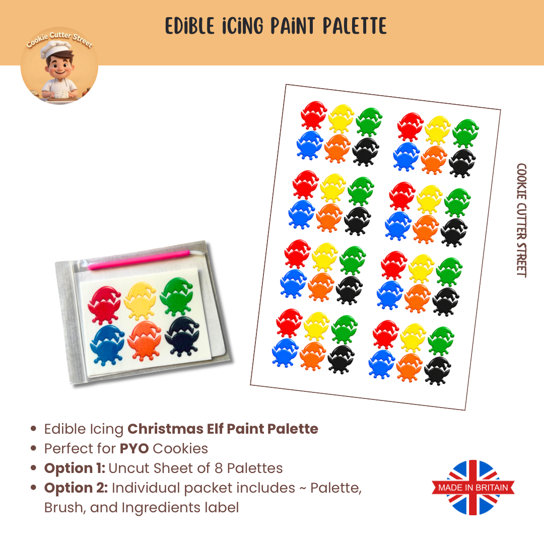 Edible icing Christmas elf paint palette shown as a printed sheet of colorful elf stickers and a small sample palette with paint wells in red, green, yellow, orange, blue, and dark blue. Text on the image describes the edible icing Christmas elf paint palette, suitable for PYO cookies, and lists options and features.