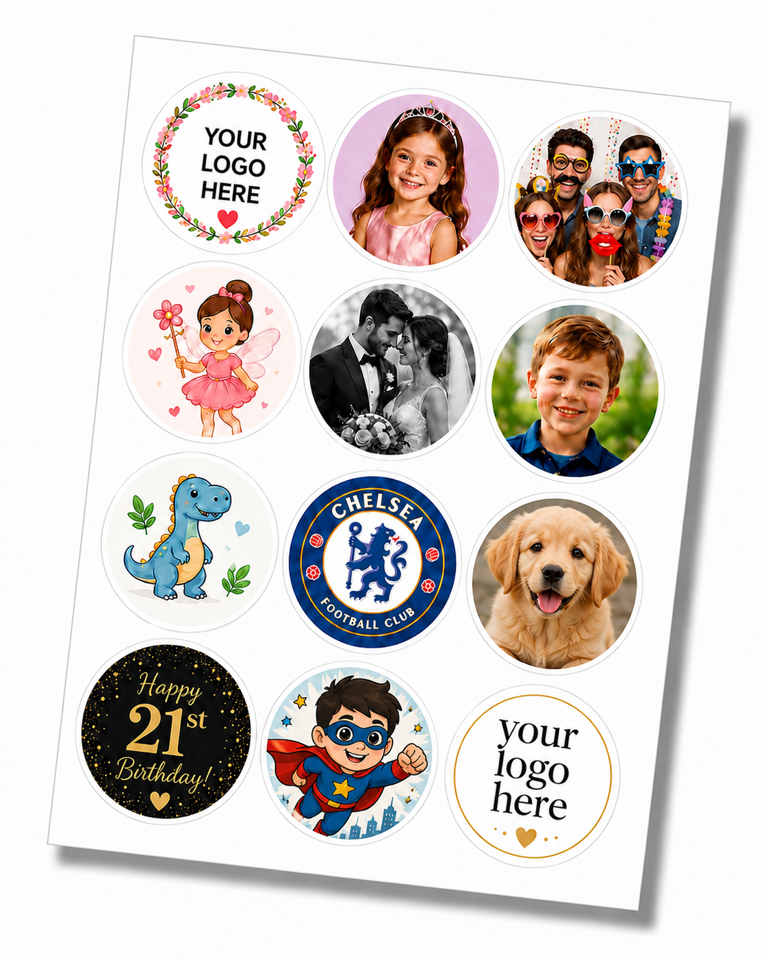 Sheet of customisable edible icing cupcake toppers with various designs including children, animals, and logos.