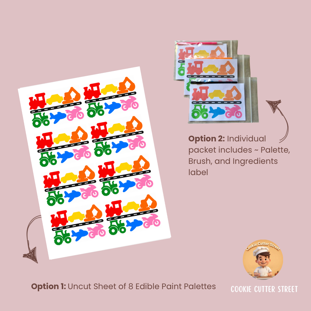 A product listing graphic for edible paint palettes from Cookie Cutter Street. It shows an uncut sheet of 8 colorful paint palettes with cartoon construction vehicles (trucks, excavators, cranes, and tractors) on a dusty pink background.