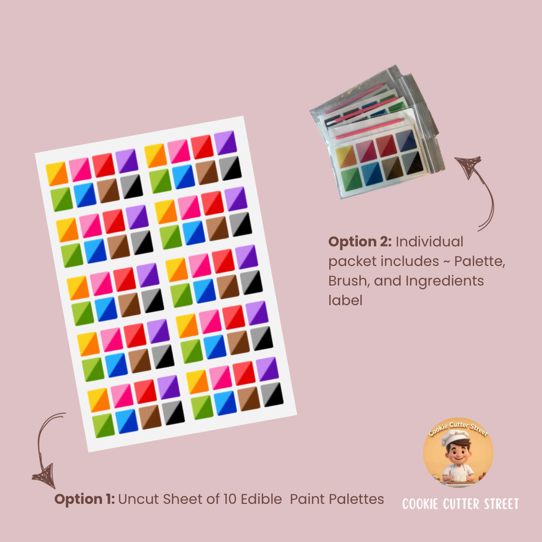 Edible paint palette sheet with colorful squares and packaging on a pink background, featuring 'Cookie Cutter Street' branding.