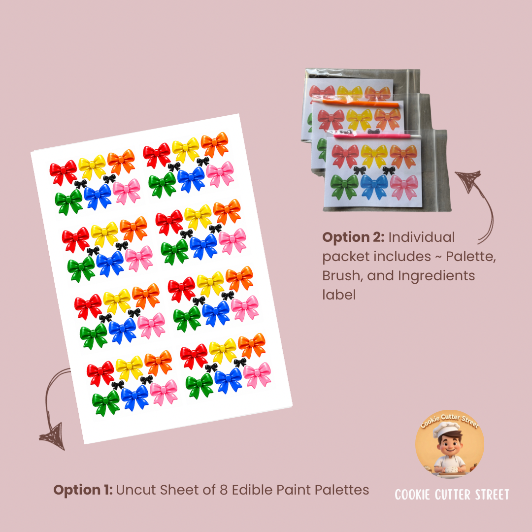 A product listing graphic showing a sheet of colorful edible paint palettes and a stack of packaged palettes on a dusty pink background. Text explains the options: an uncut sheet of 8 colorful palettes or an individual packet including the palette, brush, and ingredients label.