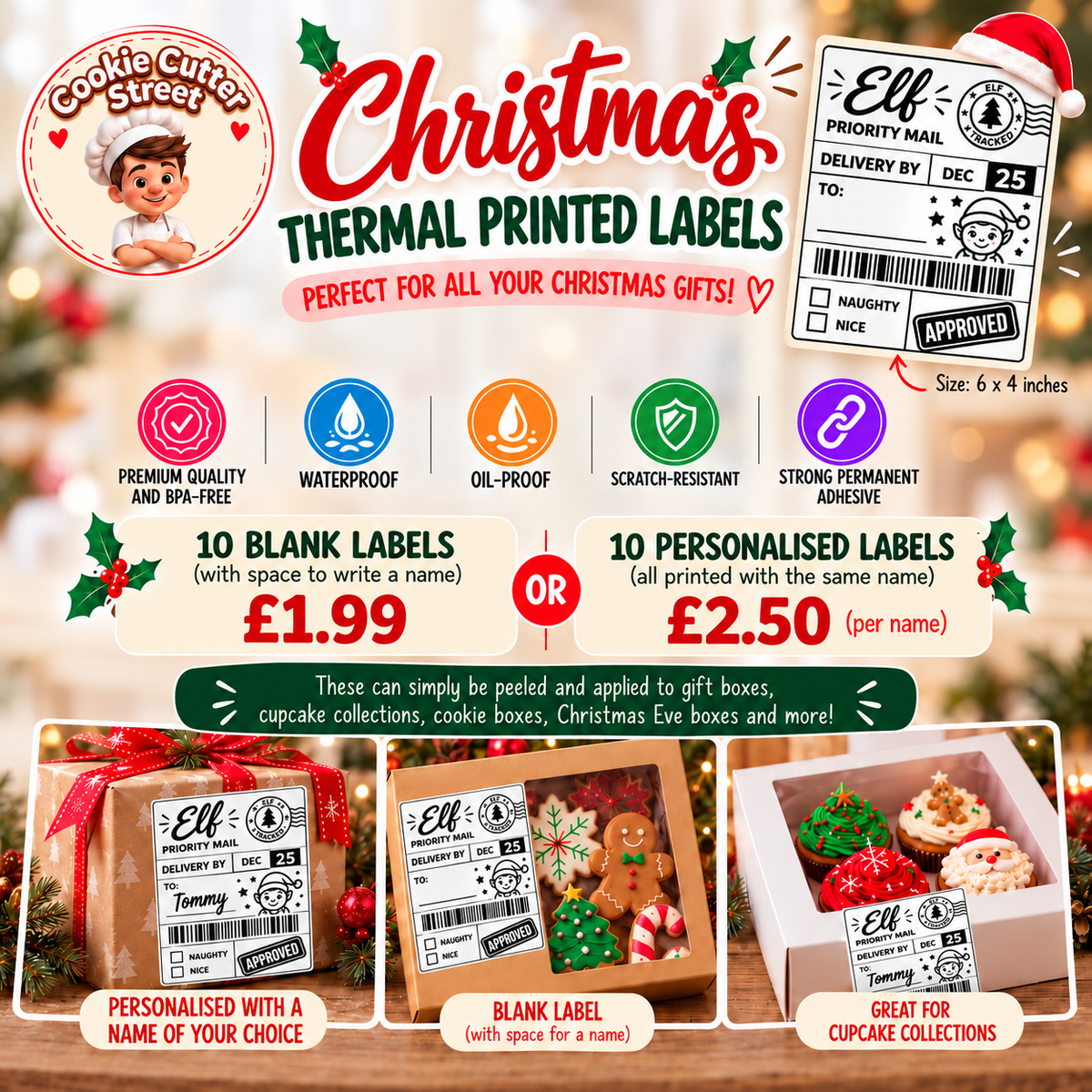 Promotional graphic for Elf Christmas Thermal Printed Labels by Cookie Cutter Street, showing sample holiday-themed shipping labels, feature icons, pricing, and three example gift box applications on a festive blurred background.