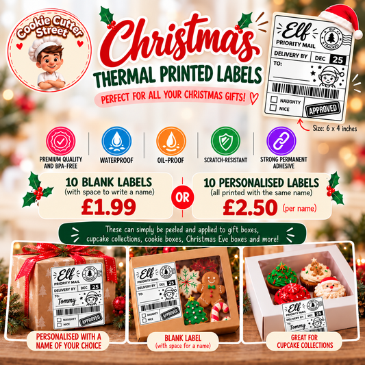 Promotional graphic for Elf Christmas Thermal Printed Labels by Cookie Cutter Street, showing sample holiday-themed shipping labels, feature icons, pricing, and three example gift box applications on a festive blurred background.