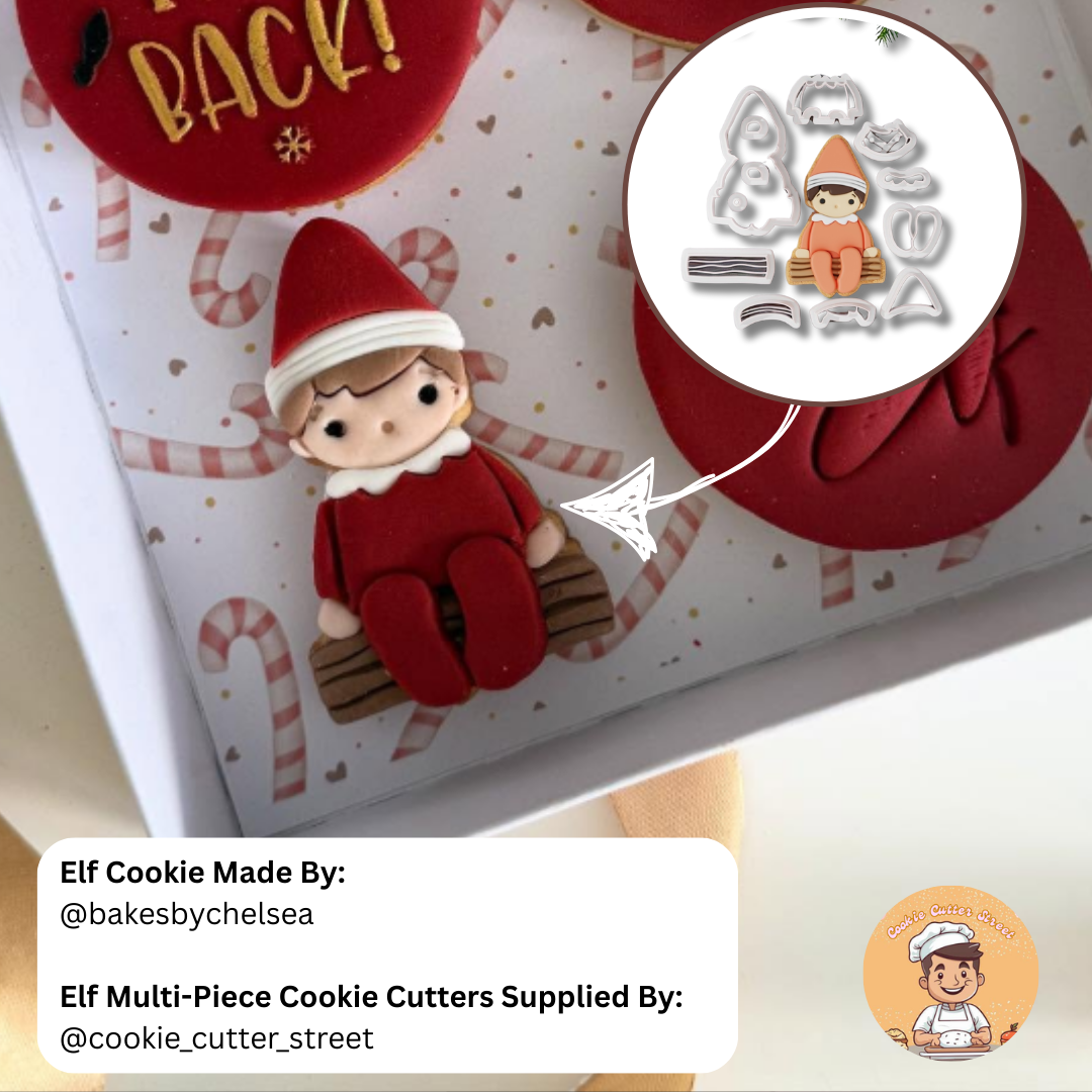Elf cookie with a multi-piece cookie cutter on a festive background